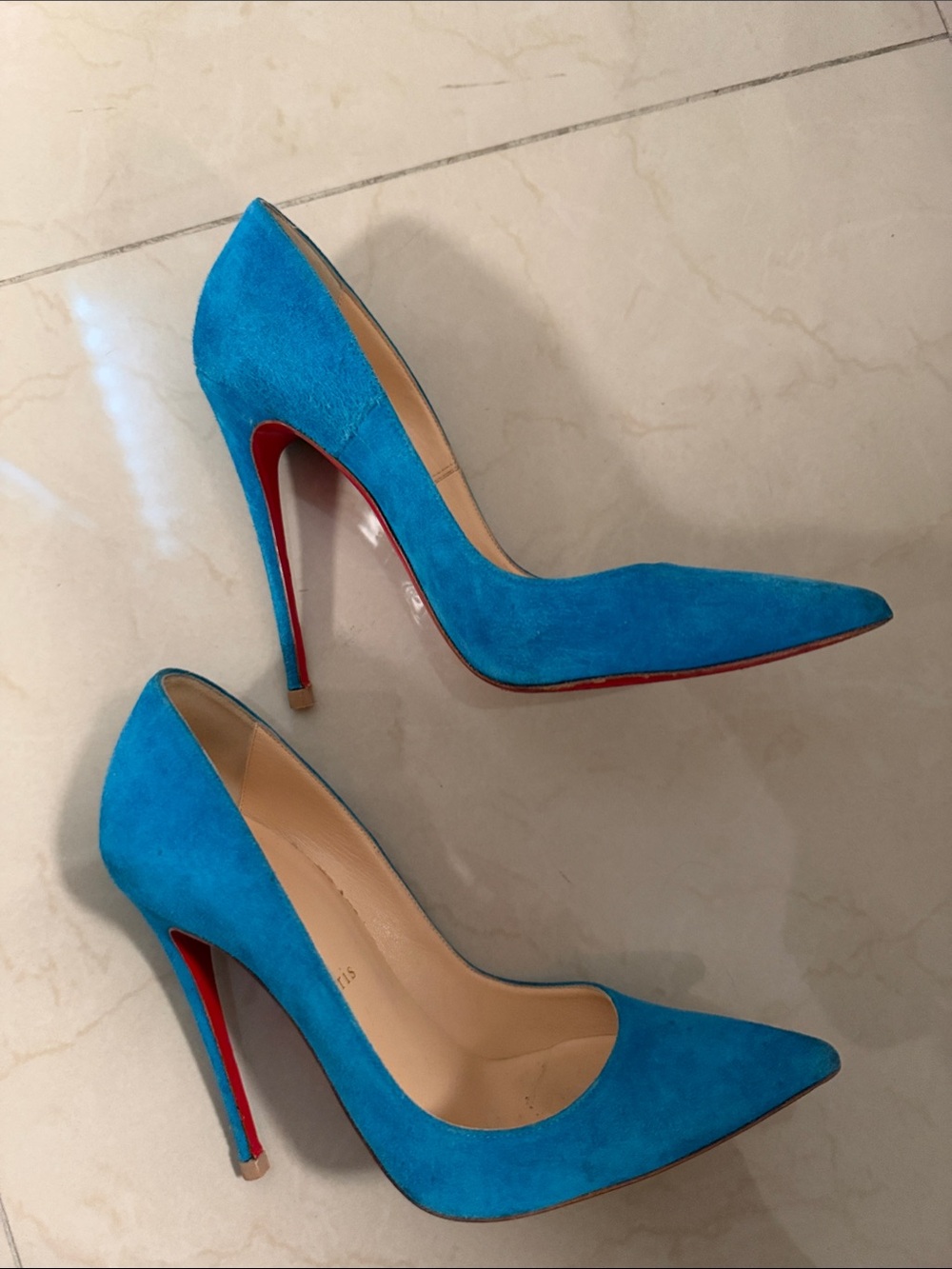 Christian Louboutin Turquoise Suede Pointed Stiletto Pumps